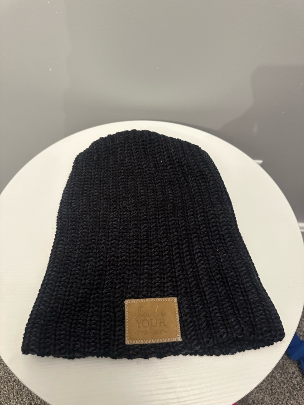 Love your melon Black Heathered Knit Beanie with Leather Patch